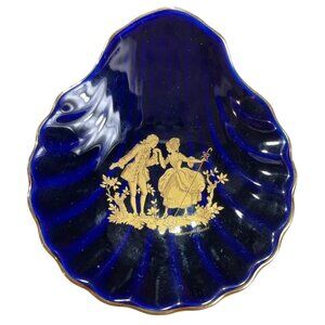 Limoges Castel France 22K Gold Trim Royal Blue French Scalloped Shell  5" Dish